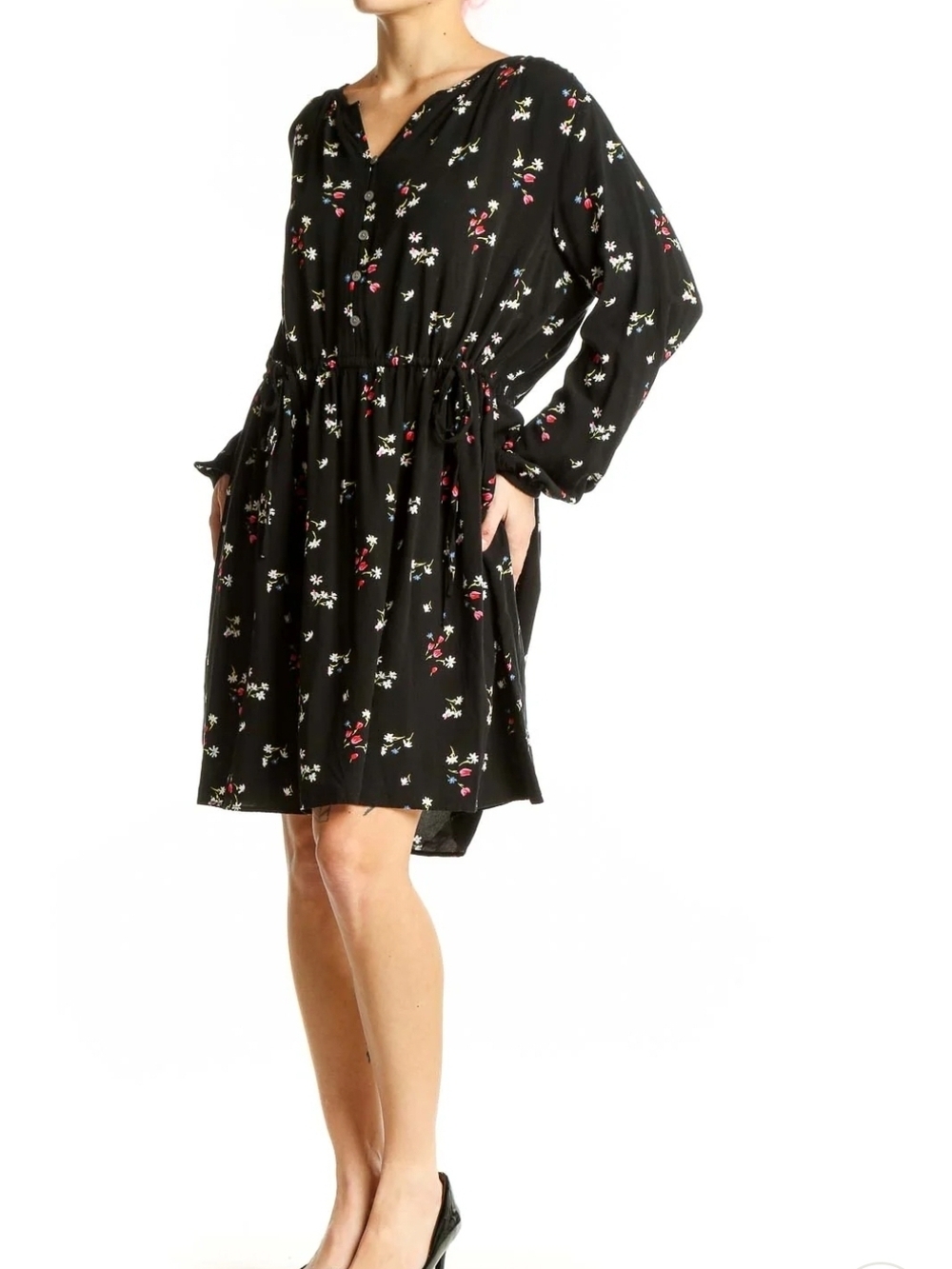 LOFT Floral Mini Dress Size Small | Black Long Sleeve Tie Waist